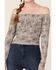Image #3 - Jolt Women's Heather Gray Floral Print Cinch Long Sleeve Off-Shoulder Peasant Top , Grey, hi-res