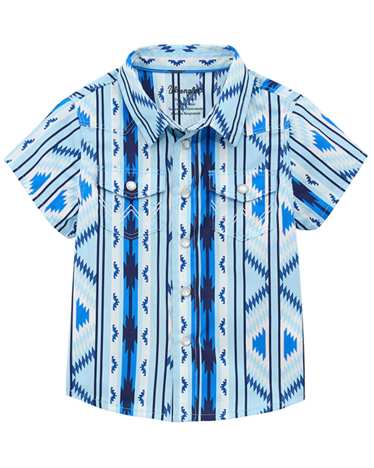 Image #1 - Wrangler Toddler Boys' Southwestern Stripe Short Sleeve Snap Western Shirt, Blue, hi-res