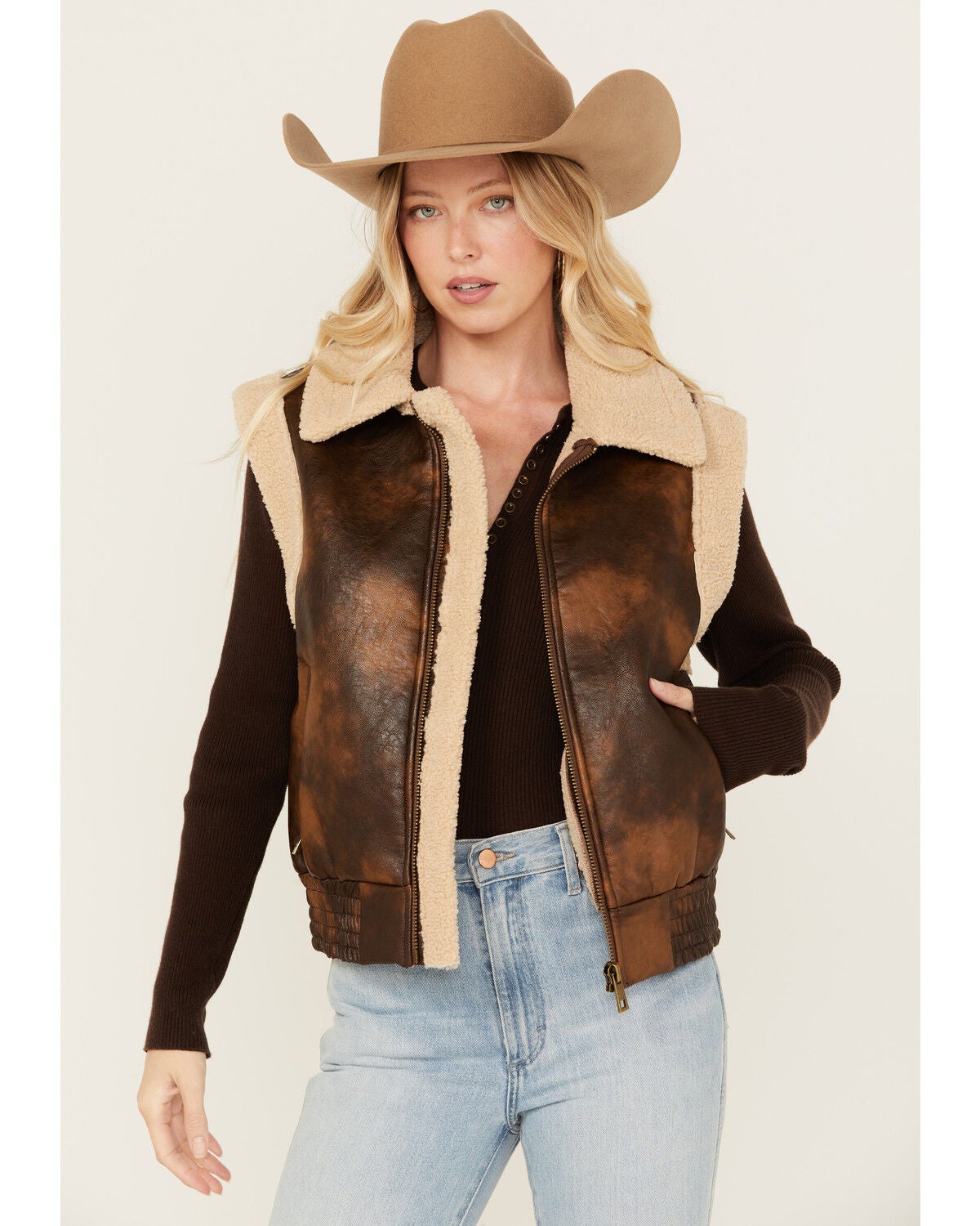 26 International Women's Faux Leather Aviator Sherpa Vest | Sheplers