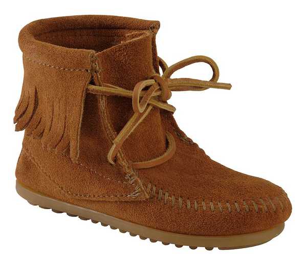 Image #1 - Minnetonka Girls' Ankle Tramper Moccasin Boots - Moc Toe, Brown, hi-res