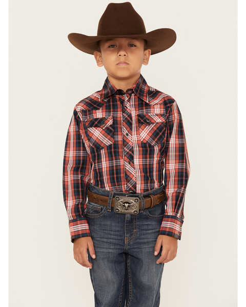 Wrangler Boys' Plaid Print Long Sleeve Western Snap Shirt, Orange, hi-res