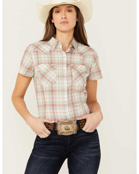 Image #1 - Wrangler Retro Women's Plaid Print Short Sleeve Pearl Snap Western Shirt , Cream, hi-res