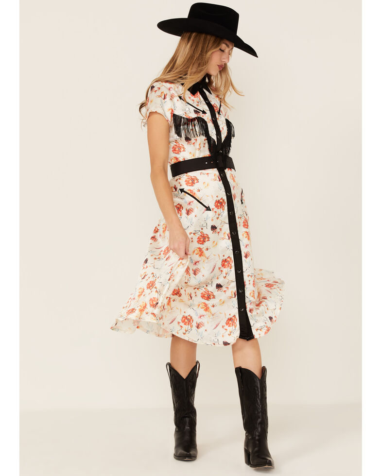 Unique Vintage Women's Floral Print Madeline Fringe Swing Dress, Cream, hi-res