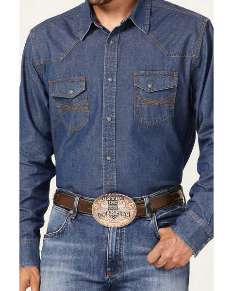 Blue Ranchwear Men's Medium Wash Long Sleeve Snap Western Denim Shirt , Medium Blue, hi-res
