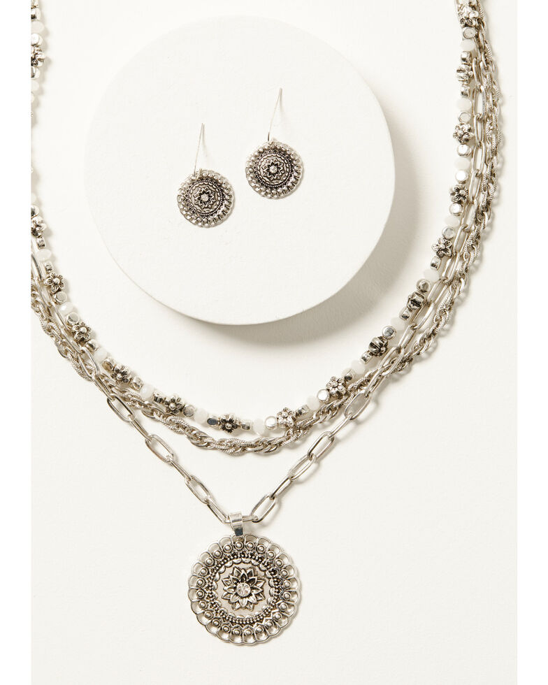 Women's Layered Chain Floral Medallion Necklace & Earring Set - 2-Piece, Silver, hi-res