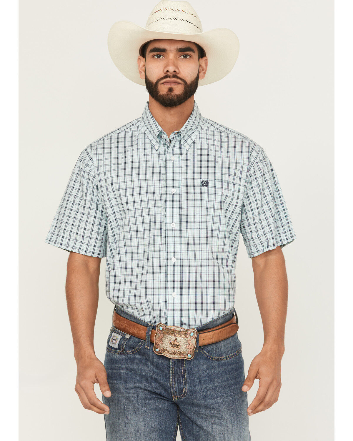 Image #1 - Cinch Men's Plaid Print Short Sleeve Button-Down Western Shirt, Turquoise, hi-res