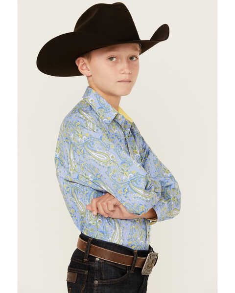 Image #2 - Panhandle Select Boys' Paisley Print Long Sleeve Snap Western Shirt , Light Blue, hi-res