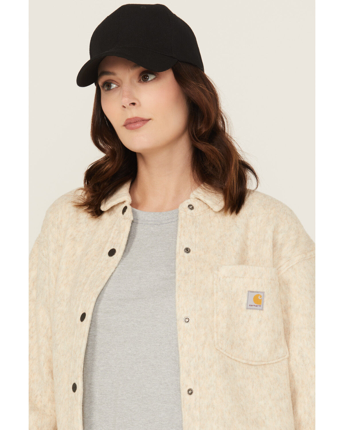 Image #2 - Carhartt Women's Loose Fit Brushed Fleece Snap Shacket, Oatmeal, hi-res