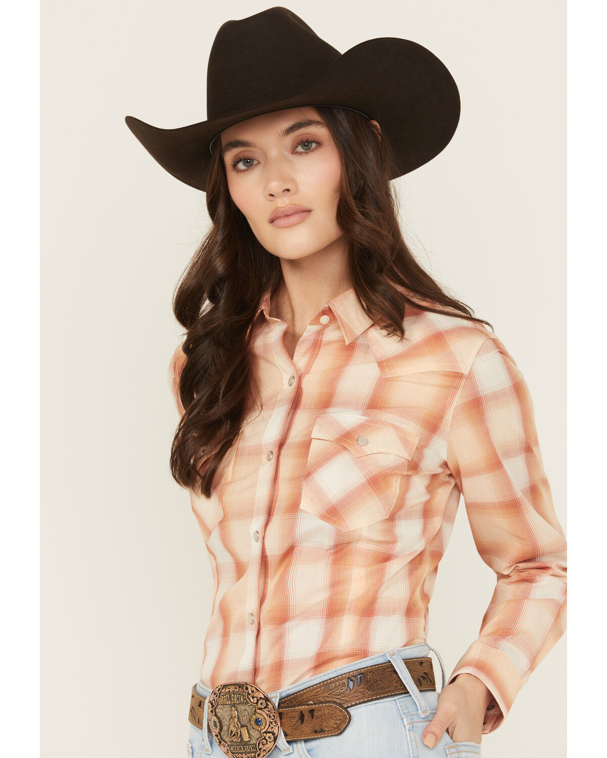 Image #2 - Wrangler Retro Women's Boot Barn Exclusive PCH Plaid Print Long Sleeve Pearl Snap Western Shirt, Peach, hi-res