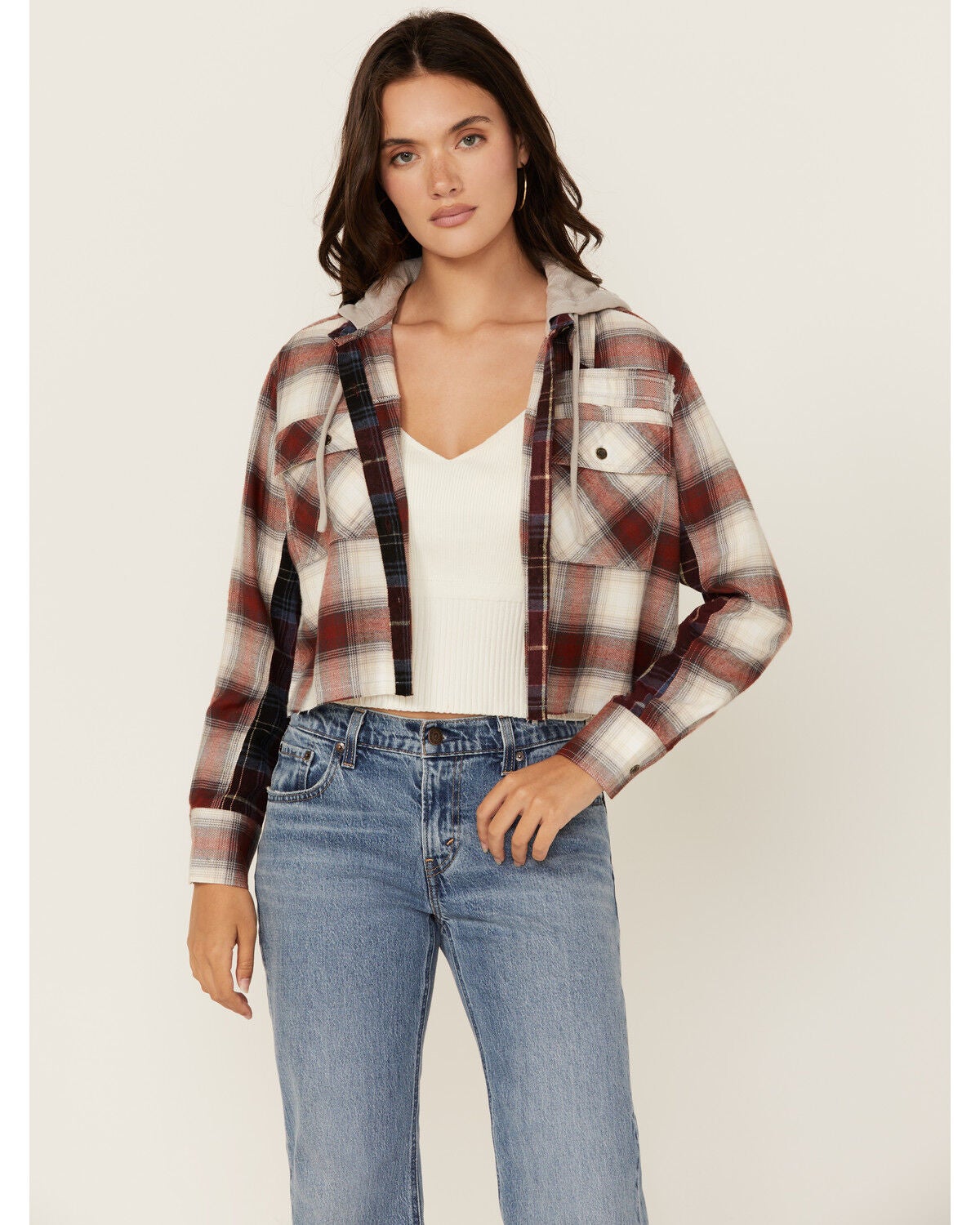 Cleo + Wolf Women's Connor Plaid Print Hooded Cropped Flannel, Brandy Brown, hi-res