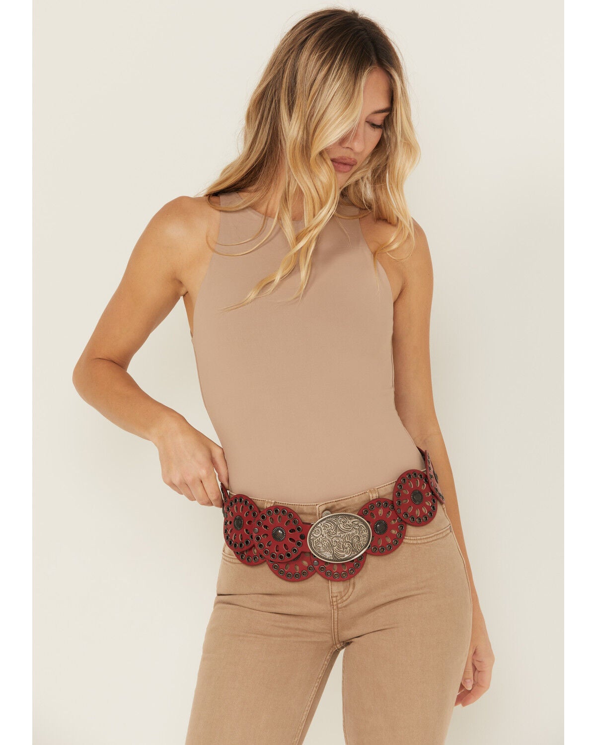 Cowgirls Rock Women's Round Concho Western Belt, Red, hi-res