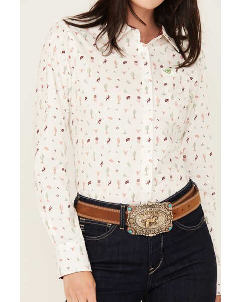 Image #3 - Ariat Women's Kirby Santa Fe Print Long Sleeve Button Down Stretch Western Shirt, White, hi-res