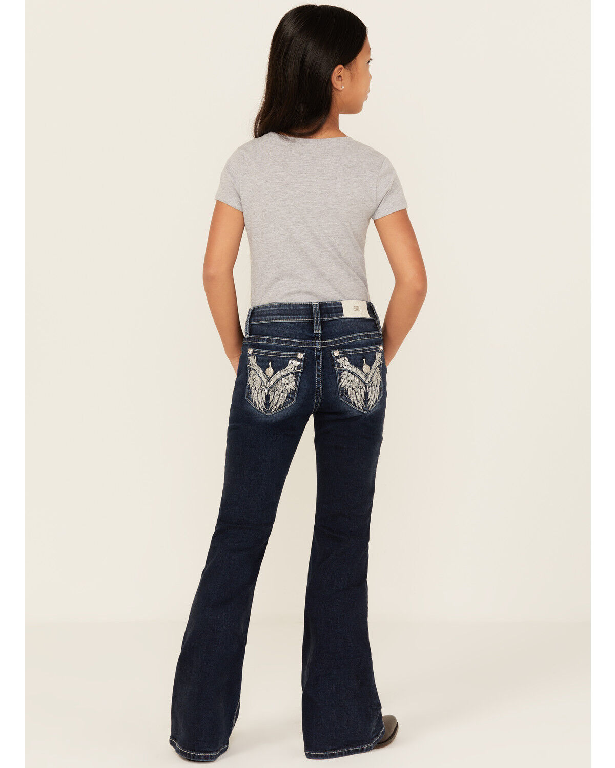 Image #1 - Miss Me Girls' Medium Wash Wing Pocket Bootcut Stretch Denim Jeans, Blue, hi-res