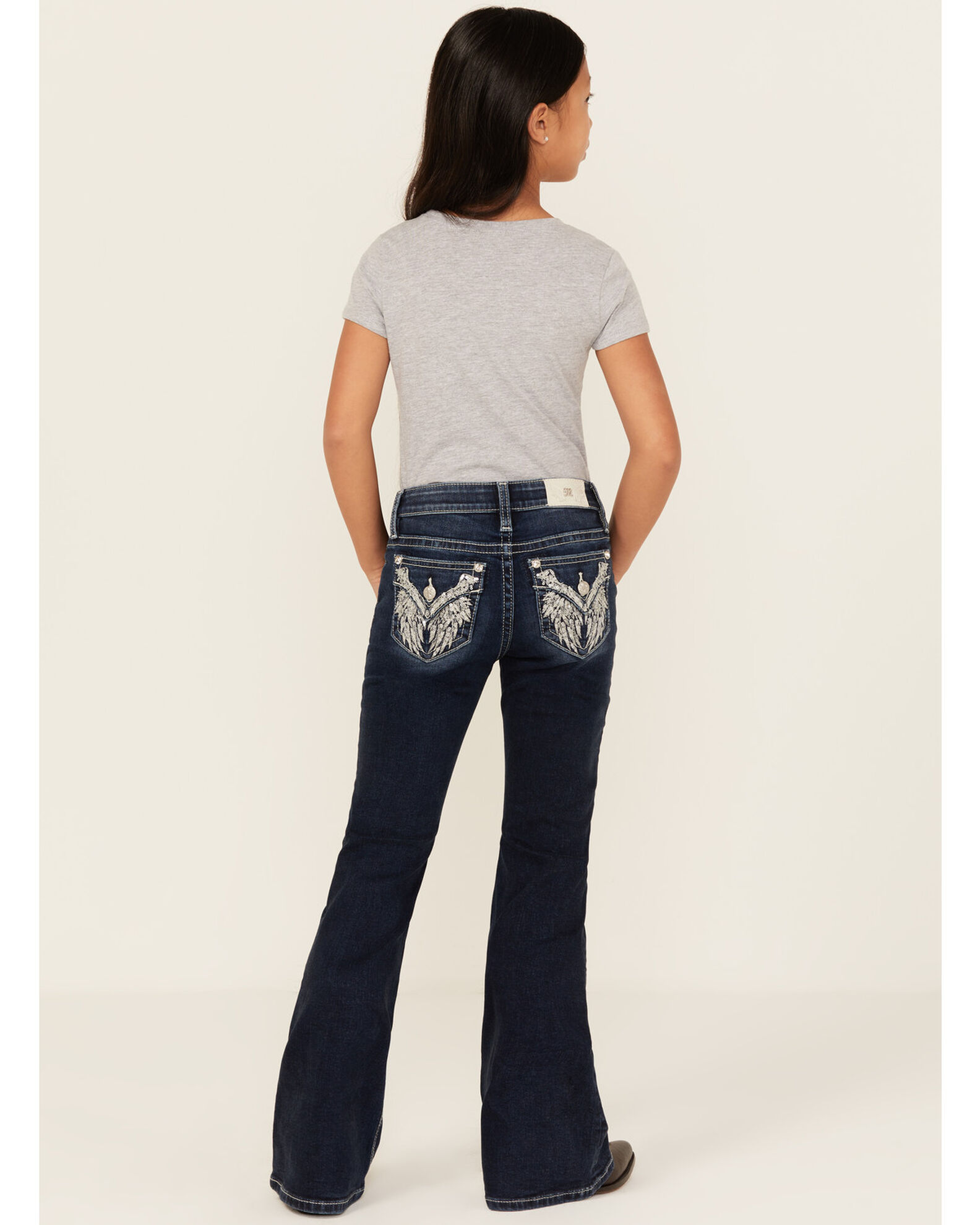 Image #1 - Miss Me Girls' Medium Wash Wing Pocket Bootcut Stretch Denim Jeans, Blue, hi-res