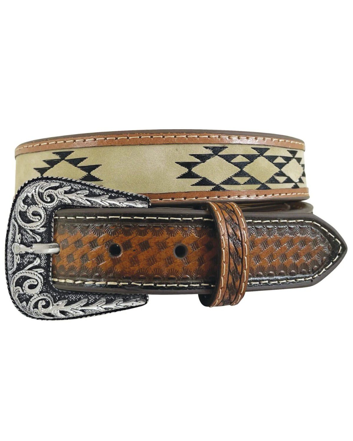Roper Kids' Long Horn Southwestern Basket Weave Belt, Brown, hi-res