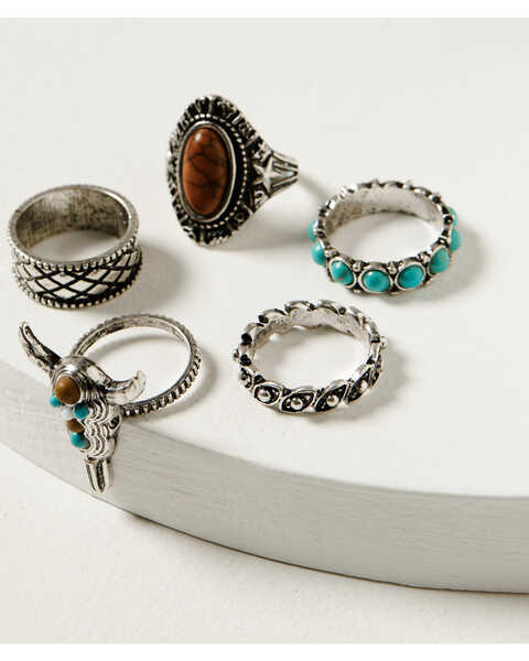 Image #1 - Shyanne Women's 5-Piece Silver Longhorn & Turquoise Beaded Ring Set, Silver, hi-res