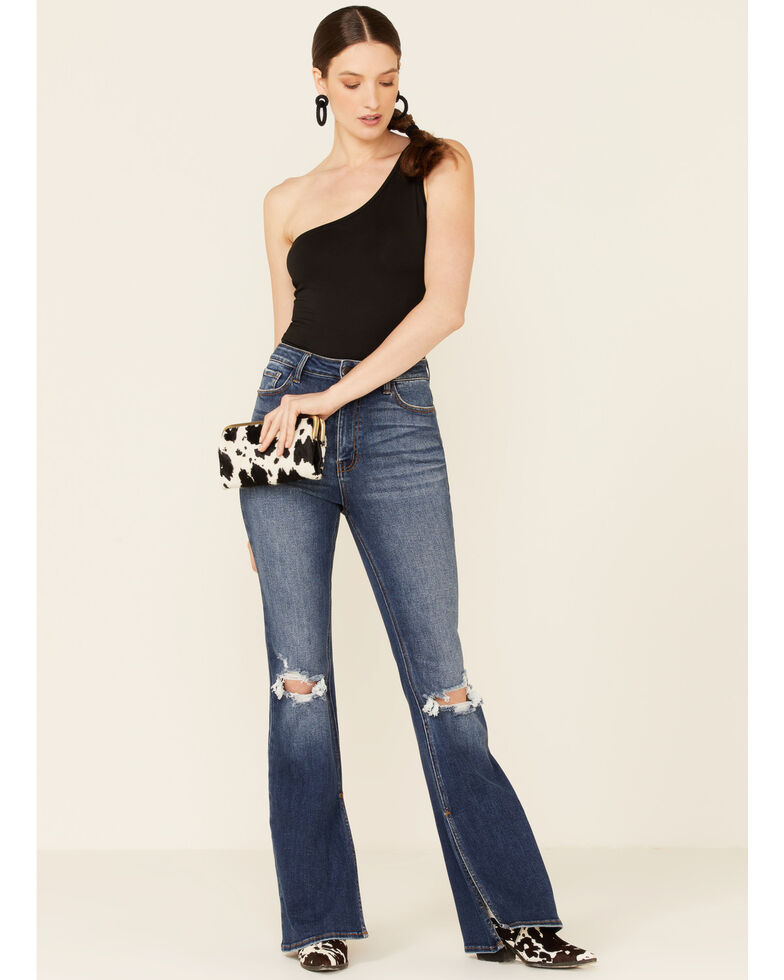 Cello Women's Medium Wash Distressed Knee High Rise Flare Jeans, Blue, hi-res