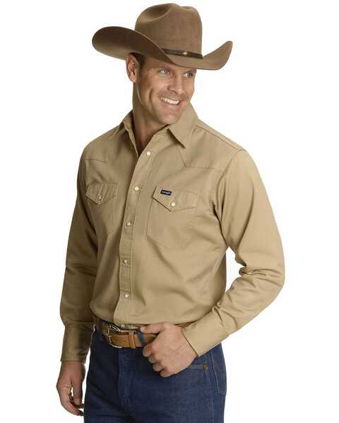 Wrangler Men's Solid Twill Cowboy Cut Long Sleeve Work Shirt - Tall, Khaki, hi-res