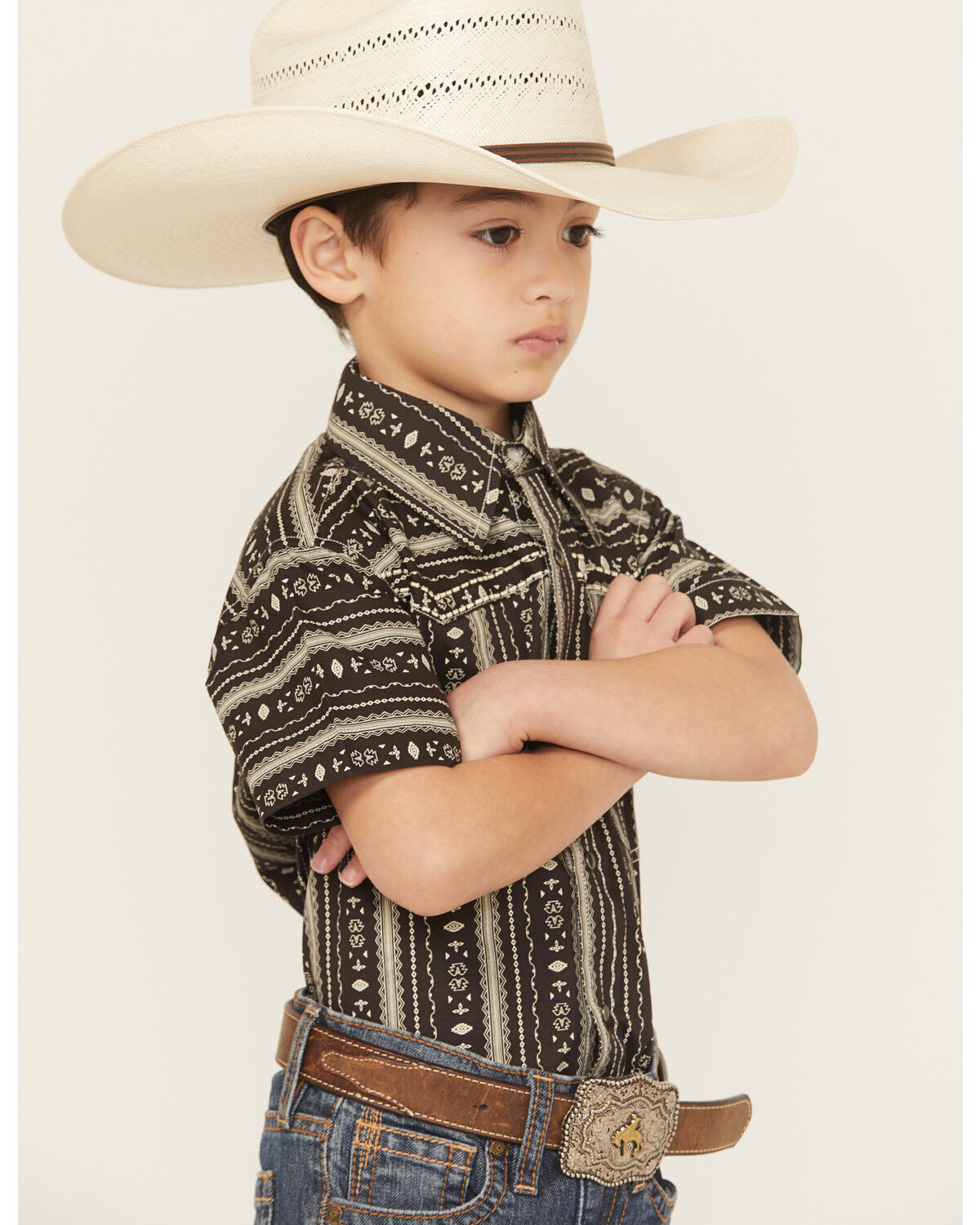 Image #2 - Cowboy Hardware Boys' Stripe Southwestern Print Short Sleeve Snap Stretch Western Shirt, Chocolate, hi-res
