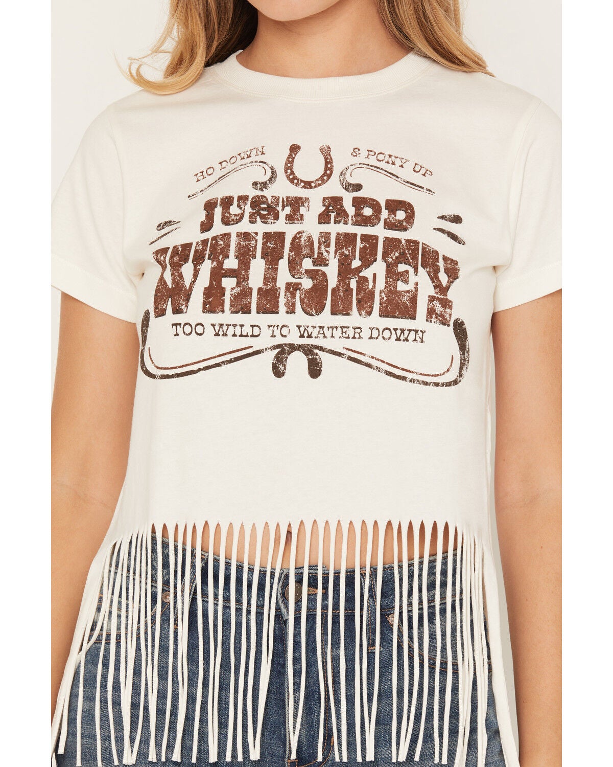 Image #3 - Shyanne Women's Whiskey Fringe Hem Short Sleeve Cropped Graphic Tee, White, hi-res