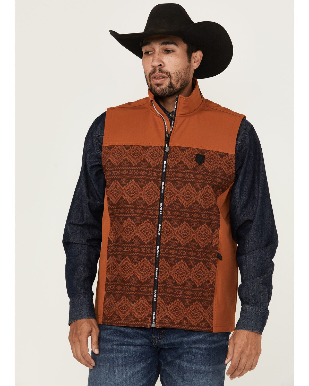 Image #1 - RANK 45&reg; Men's Southwestern Print Color Block Softshell Vest, Brown, hi-res
