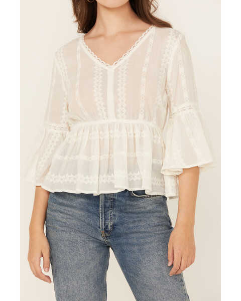 Image #3 - Shyanne Women's Inset Lace Embroidered Peasant Top , White, hi-res