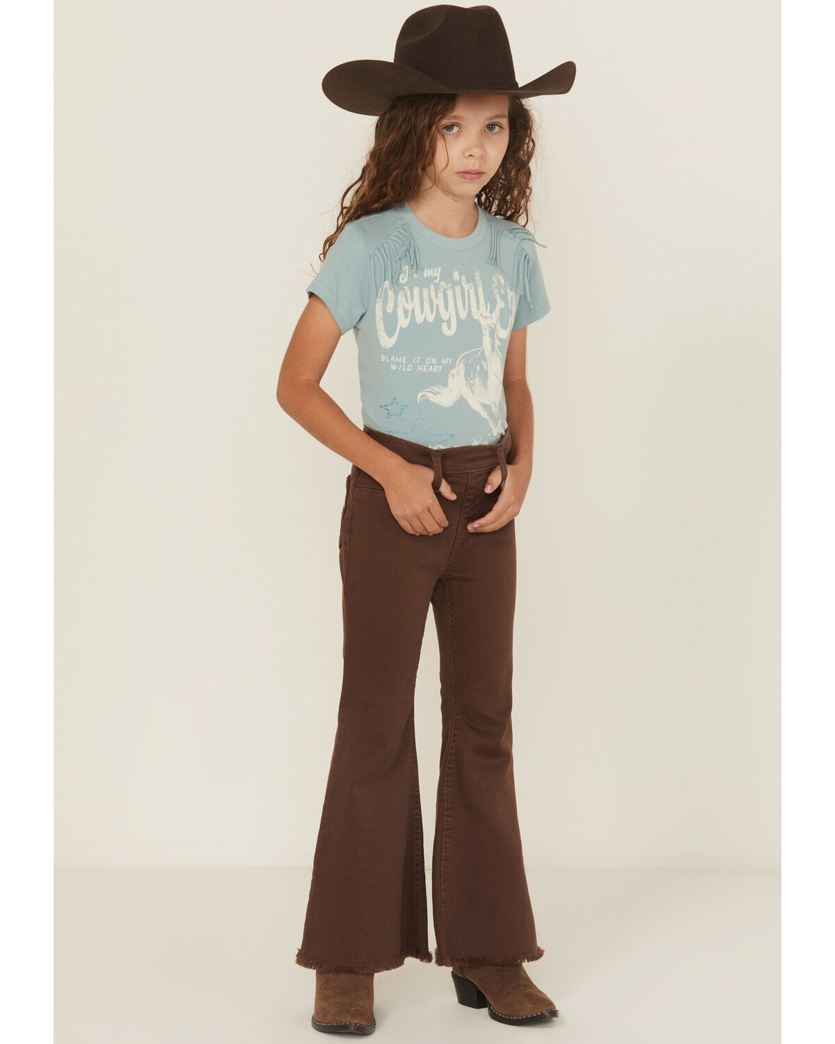Image #1 - Shyanne Little Girls' Pull-On Flare Stretch Denim Jeans, Brown, hi-res