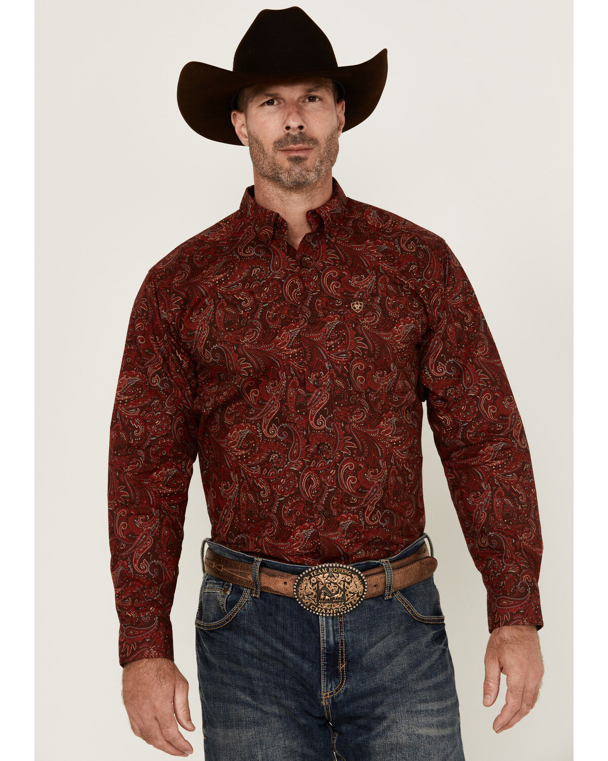 Image #1 - Ariat Men's Jaydon Paisley Print Long Sleeve Button-Down Western Shirt - Tall, Burgundy, hi-res