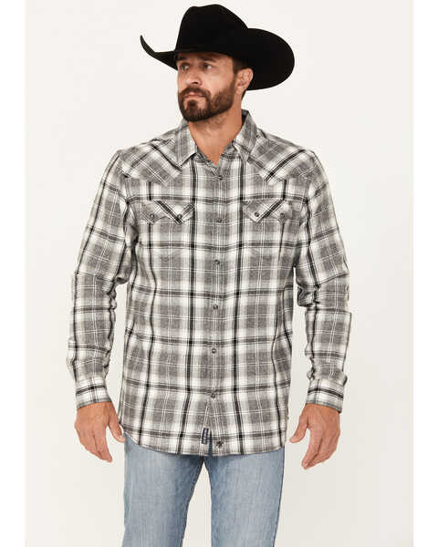 Moonshine Spirt Men's Gray Cloud Plaid Print Long Sleeve Snap Western Shirt, Grey, hi-res