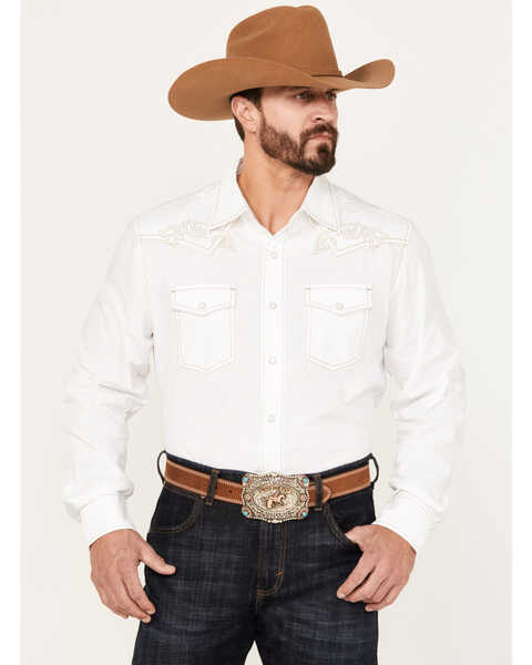 Image #1 - Rock 47 by Wrangler Men's Embroidered Long Sleeve Snap Western Shirt, White, hi-res