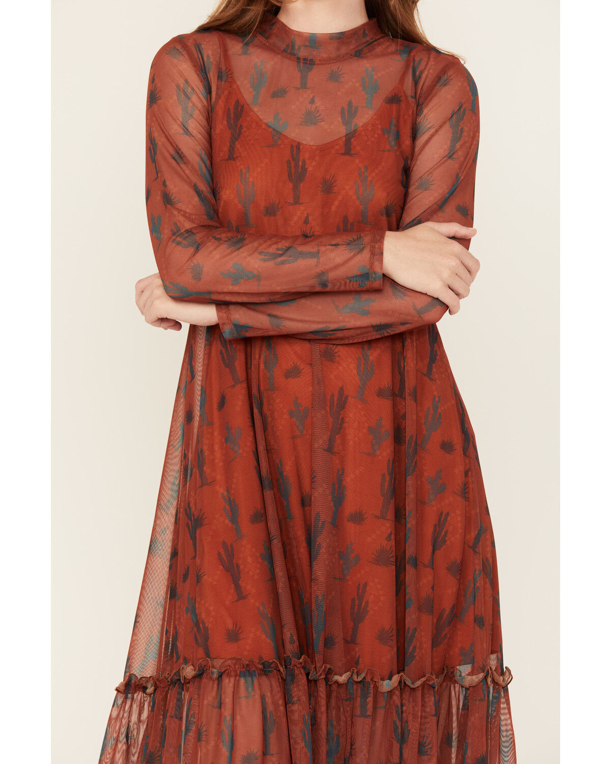 Image #3 - Panhandle Women's Cactus Print Long Sleeve Mesh Midi Dress, Rust Copper, hi-res