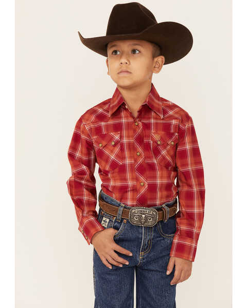 Wrangler Retro Boys' Red Plaid Long Sleeve Western Shirt, Red, hi-res