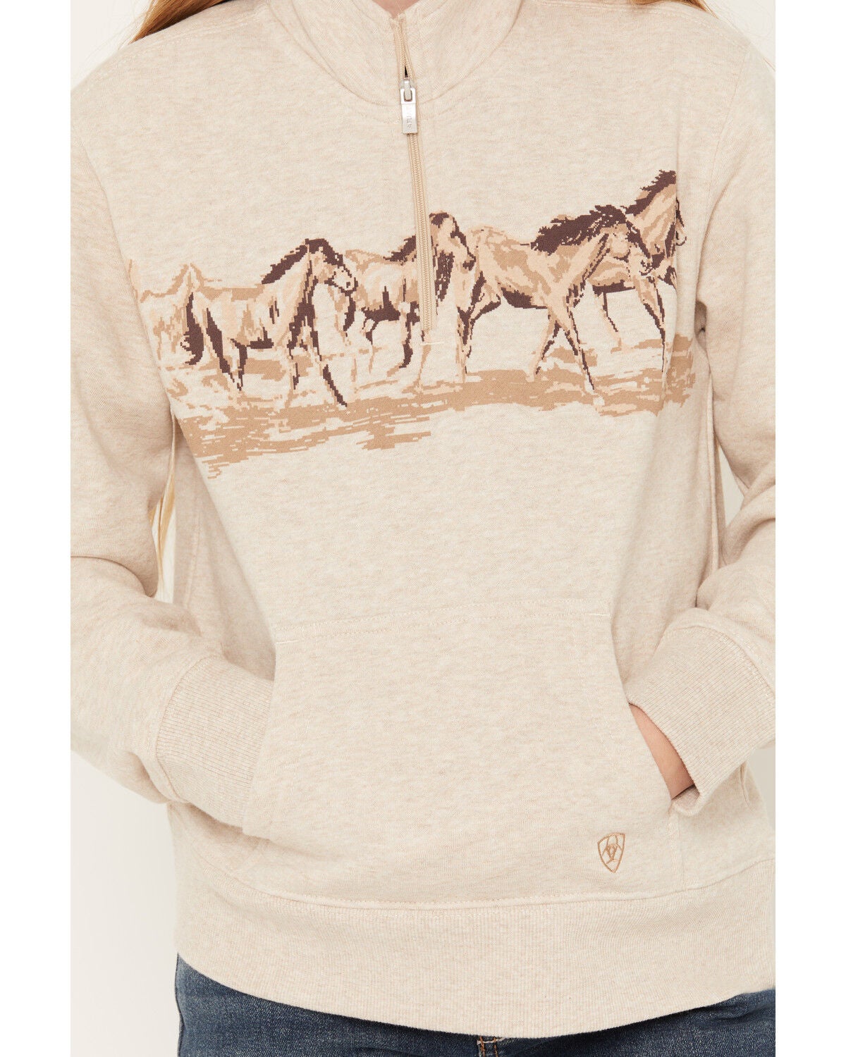 Image #3 - Ariat Girls' Running Horses 1/4 Zip Pullover Sweatshirt, Oatmeal, hi-res