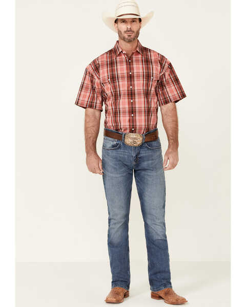Panhandle Men's Large Plaid Print  Short Sleeve Snap Western Shirt , Red, hi-res