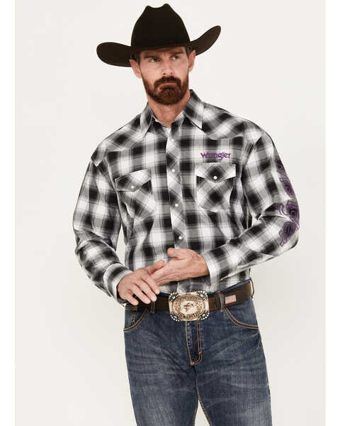 Image #1 - Wrangler Men's Logo Plaid Print Long Sleeve Western Snap Shirt, Black, hi-res