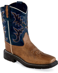 Old West Youth Boys' Tan/Navy Leather Work Rubber Cowboy Boots - Square Toe, Tan, hi-res