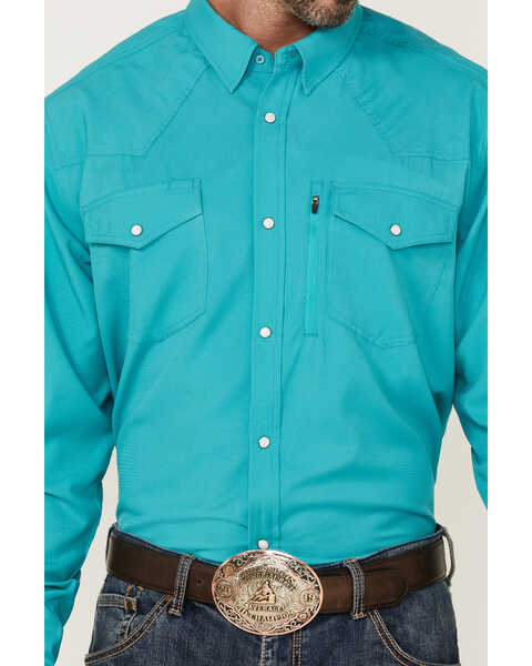 RANK 45 Men's Roughie Tech Short Sleeve Pearl Snap Western Shirt , Turquoise, hi-res
