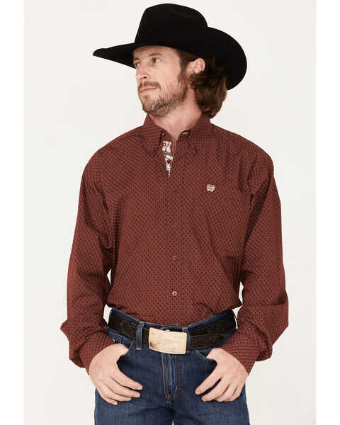 Cinch Men's Geo Print Long Sleeve Button Down Western Shirt , Burgundy, hi-res