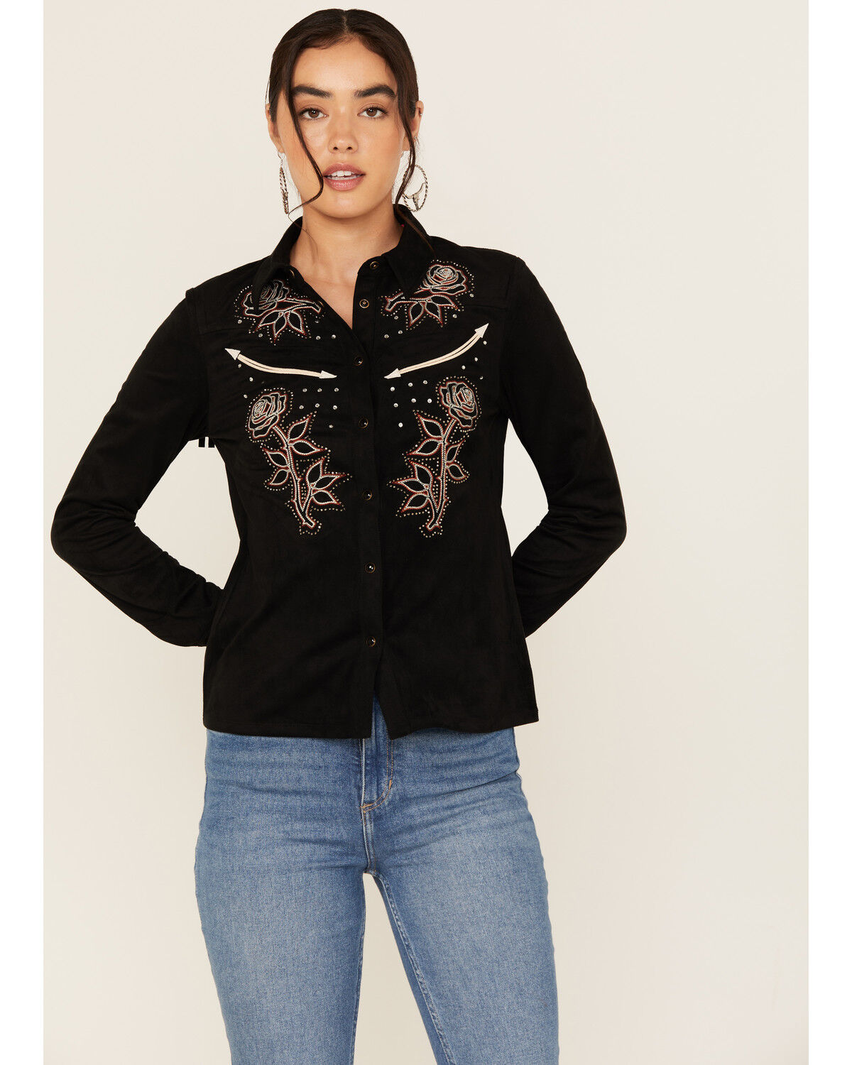 Image #2 - Idyllwind Women's Embroidered Faux Suede Long Sleeve Snap Western Shirt, Black, hi-res
