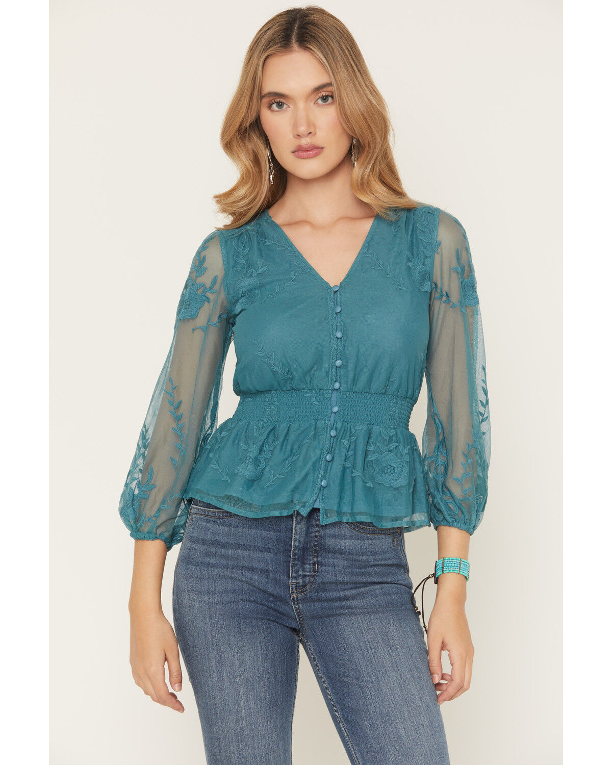 Image #1 - Shyanne Women's Embroidered Mesh Long Sleeve Button-Down Shirt, Turquoise, hi-res