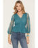 Image #1 - Shyanne Women's Embroidered Mesh Long Sleeve Button-Down Shirt, Turquoise, hi-res