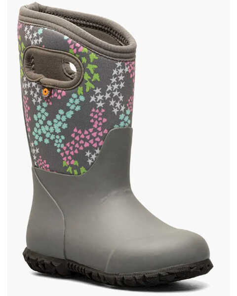 Bogs Girls' York Star Heart Rain Boots - Round Toe, Grey, hi-res
