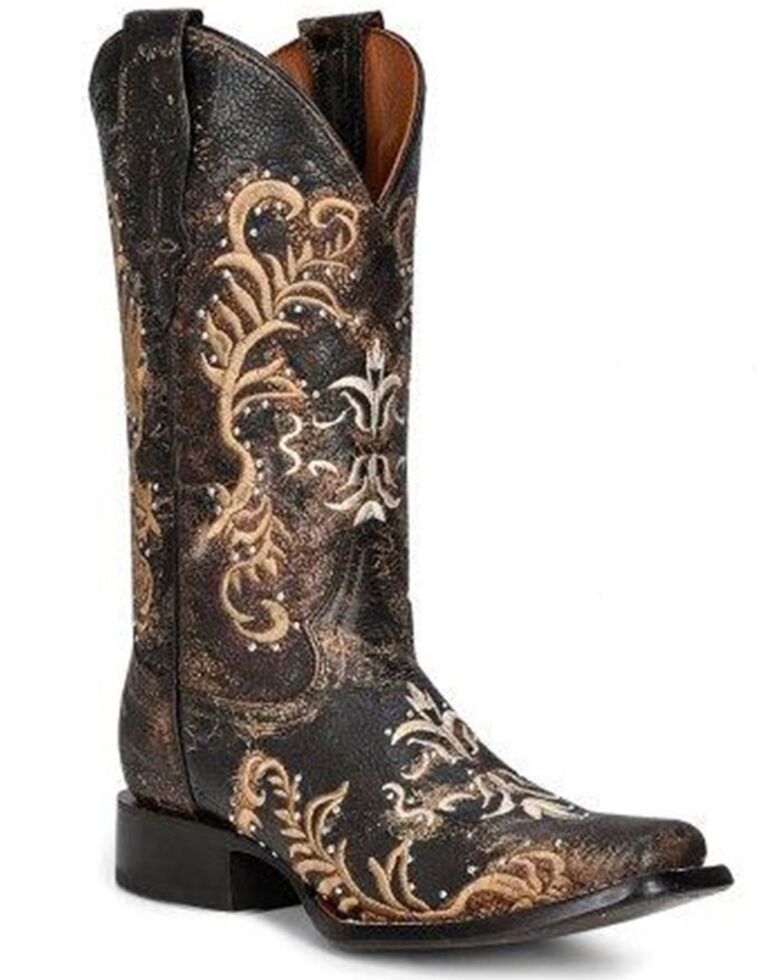 Corral Women's Embroidered & Studded Distressed Tall Western Boots - Square Toe, Black/tan, hi-res