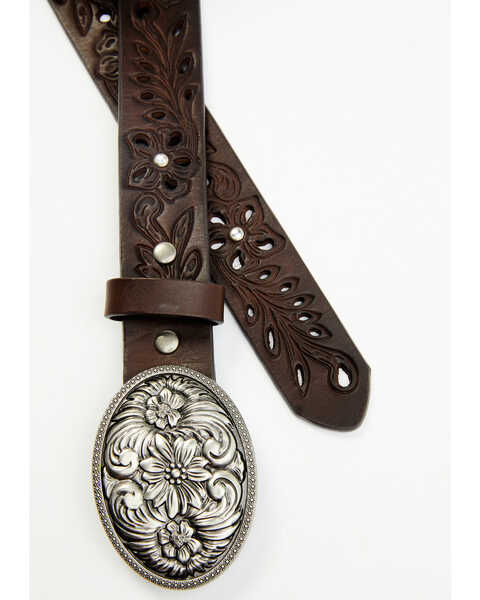 Image #2 - Shyanne Girls' Oval Floral Buckle Embroidered Cut Out Belt, Brown, hi-res