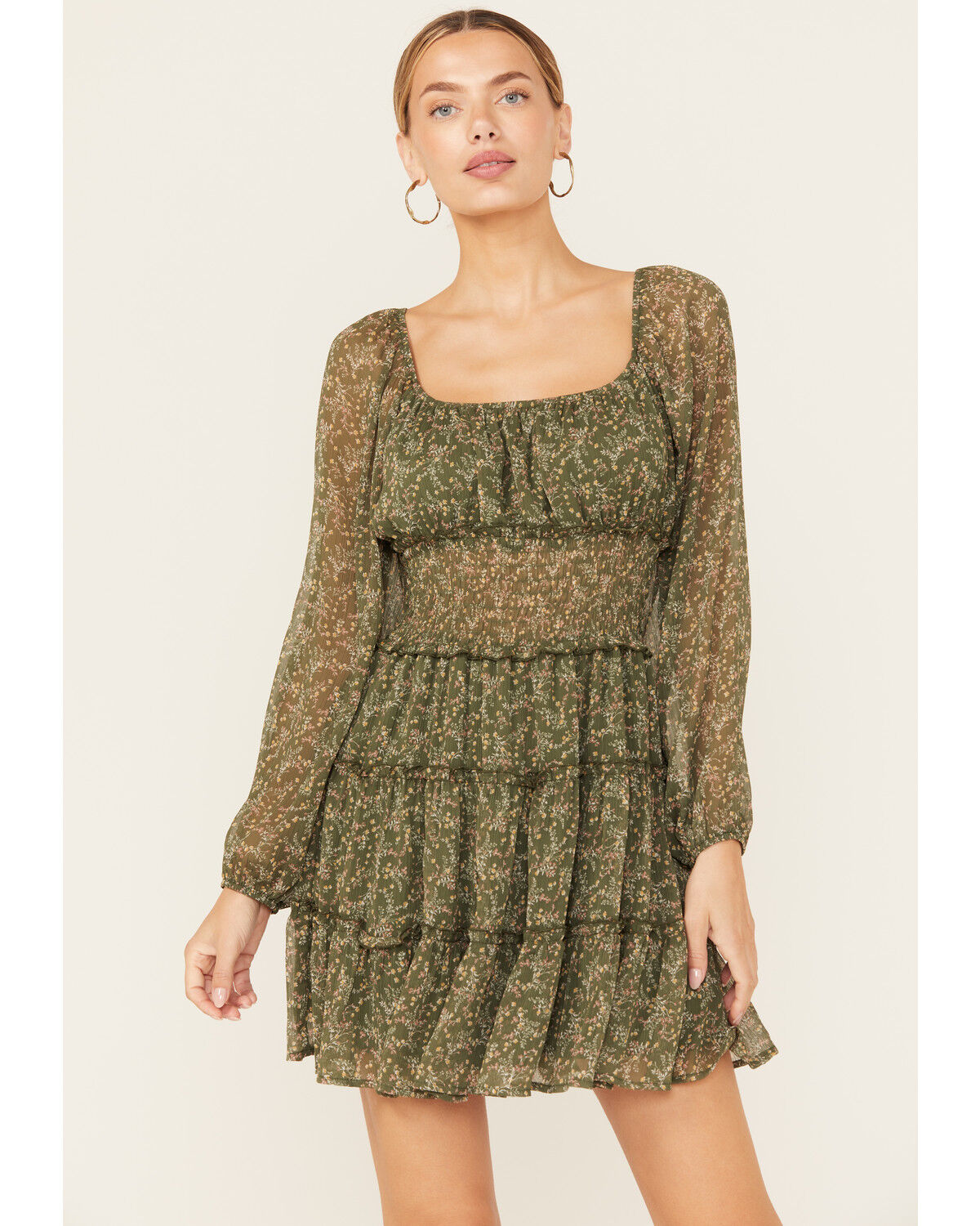 Image #2 - Ash & Violet Women's Floral Print Long Sleeve Mini Dress, Olive, hi-res