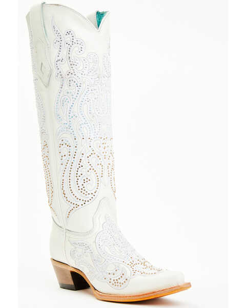 Image #1 - Corral Women's Crystal Embroidered Tall Western Boots - Snip Toe , White, hi-res