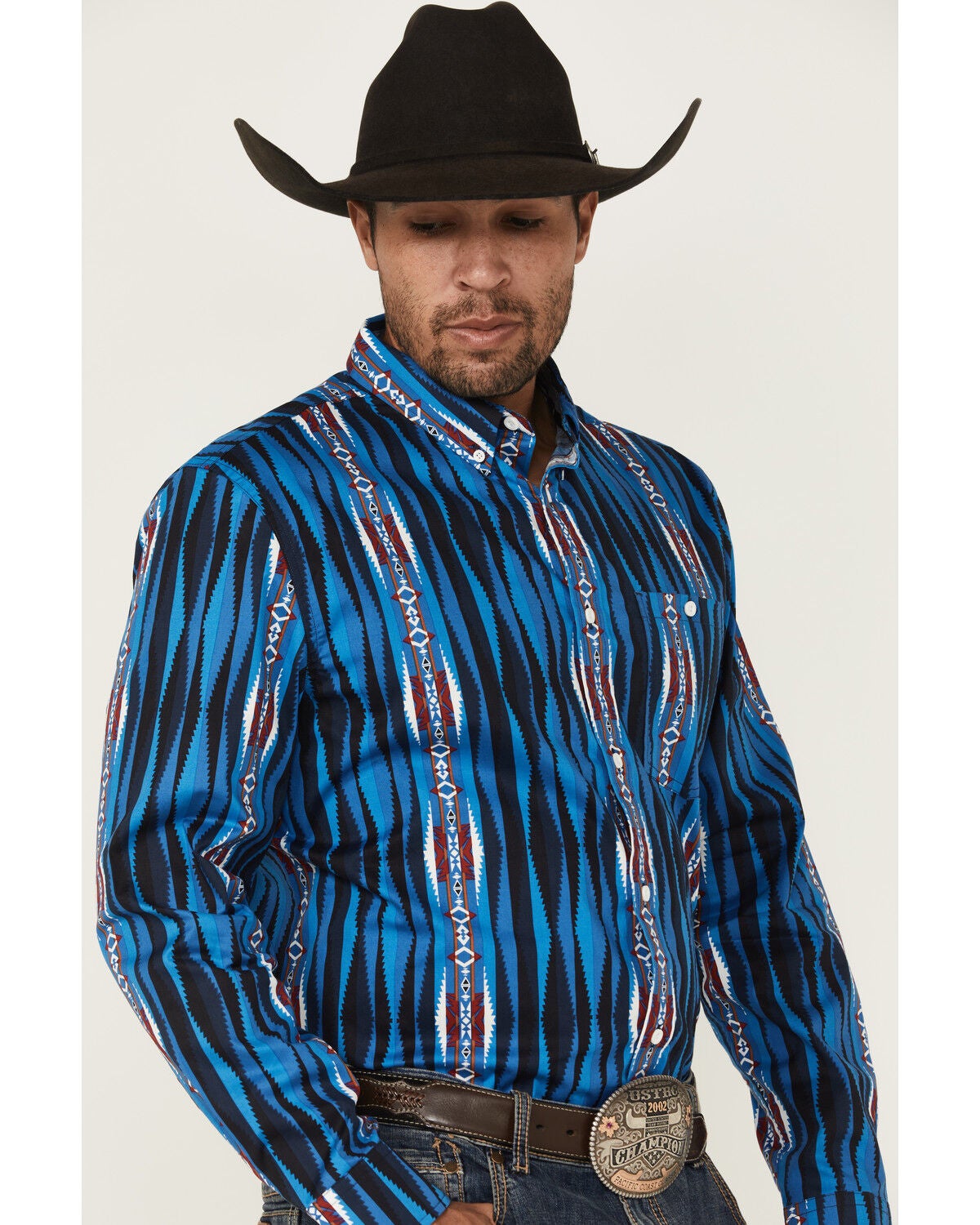 Image #2 - RANK 45&reg; Men's Wooden Southwestern Striped Print Long Sleeve Button-Down Stretch Western Shirt, Blue, hi-res
