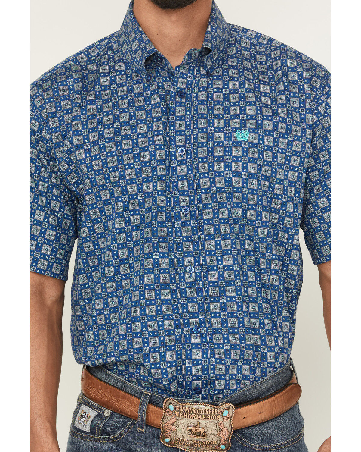 Image #3 - Cinch Men's Geo Print Short Sleeve Button-Down Western Shirt, Blue, hi-res