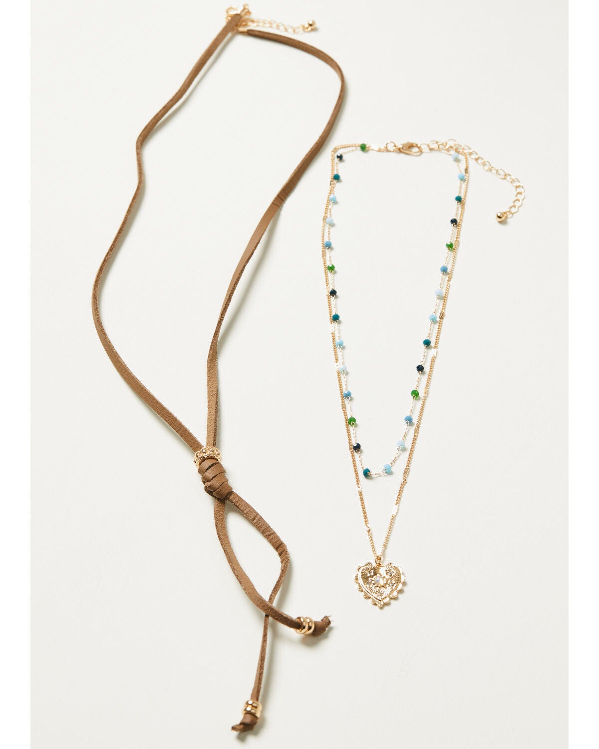Shyanne Women's Suede and Tonal Beaded Heart Pendant Necklace Set - 2 Piece, Gold, hi-res