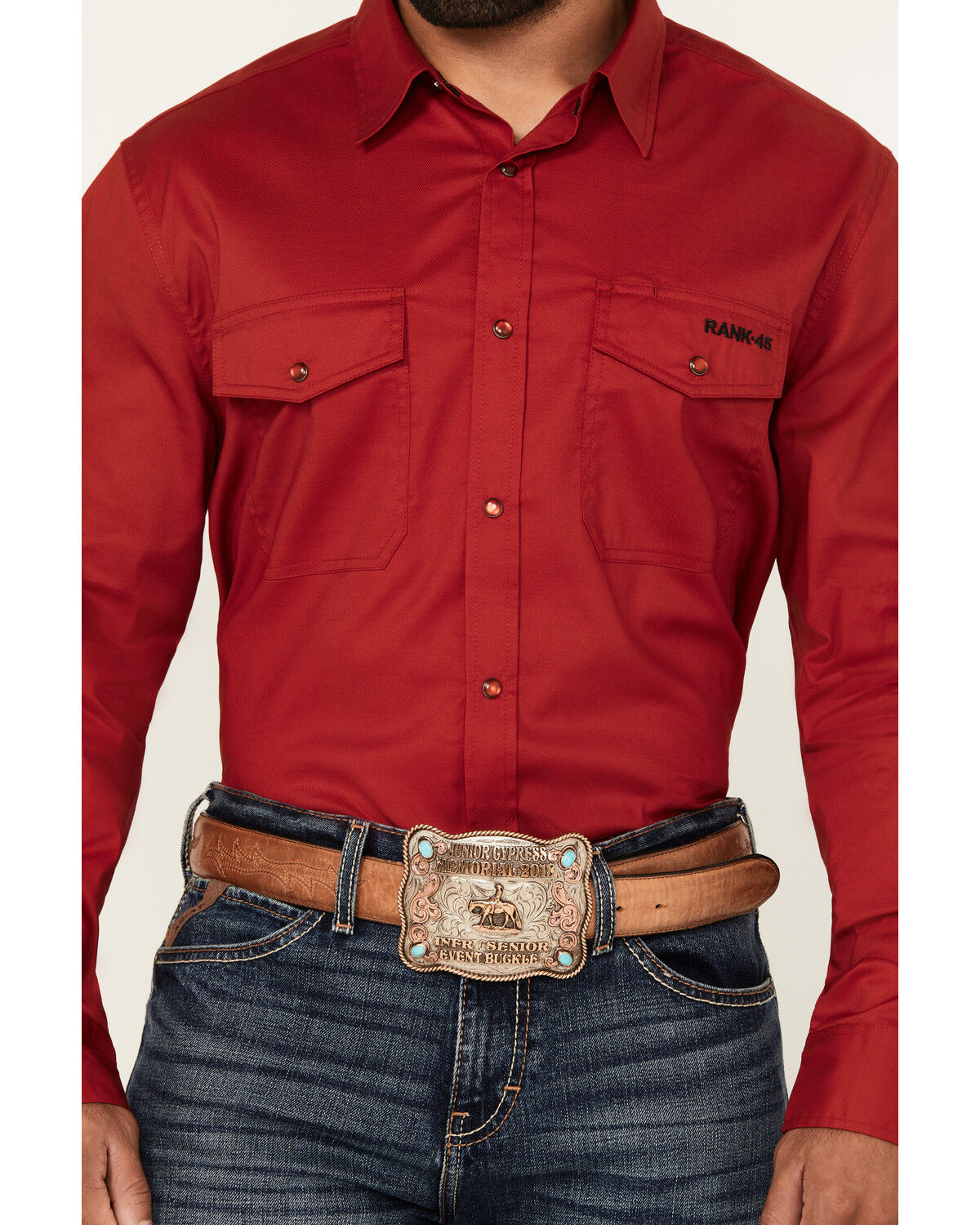 Image #3 - RANK 45® Men's Ruffalo Solid Long Sleeve Pearl Snap Performance Western Shirt, Red, hi-res